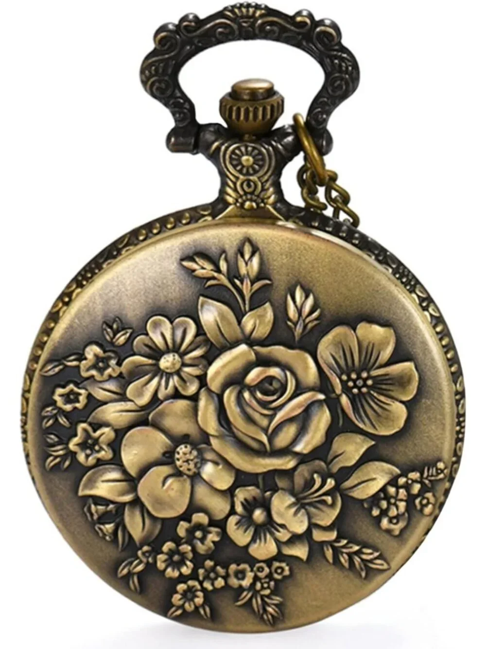 Women's Brown Quartz Antique Bronze Retro Hollow Rose Flowers Round Pocket Watch
